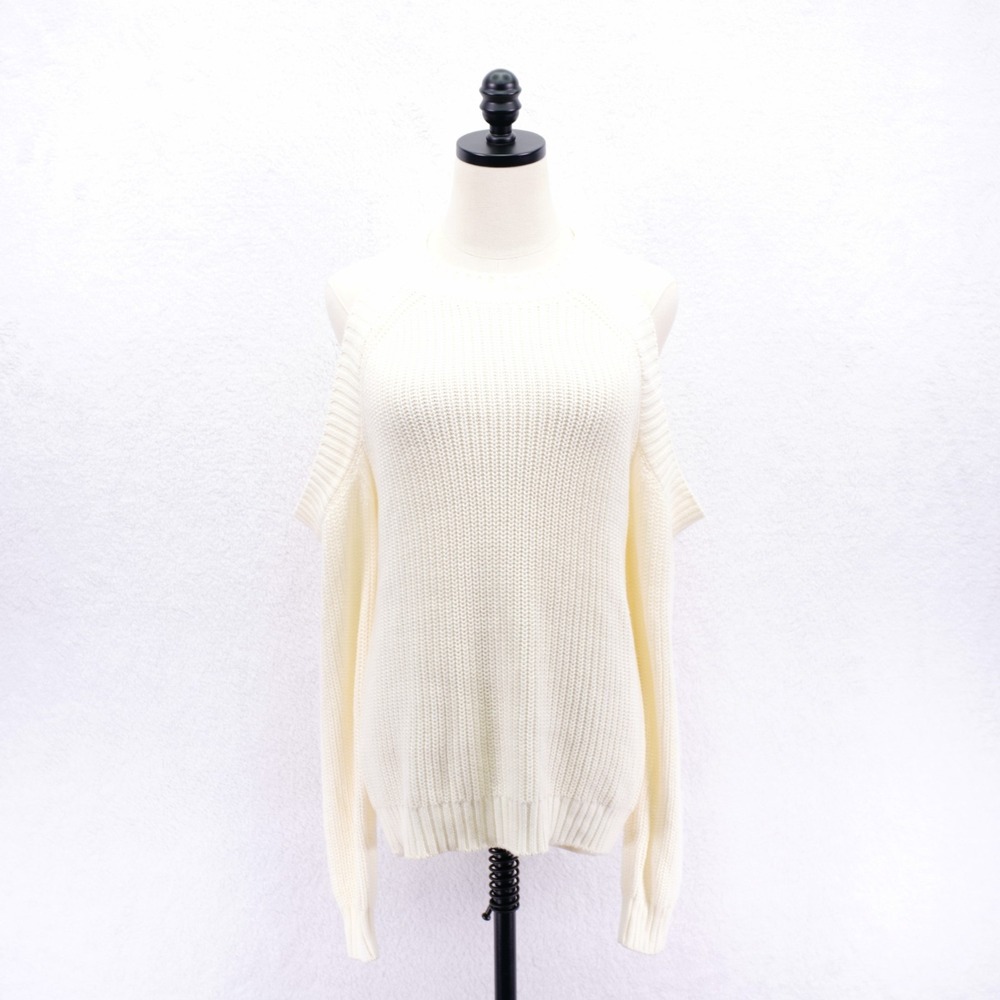 Forever 21 Small Cold Shoulder Cream Ribbed Knit Sweater Top Acrylic Cotton
